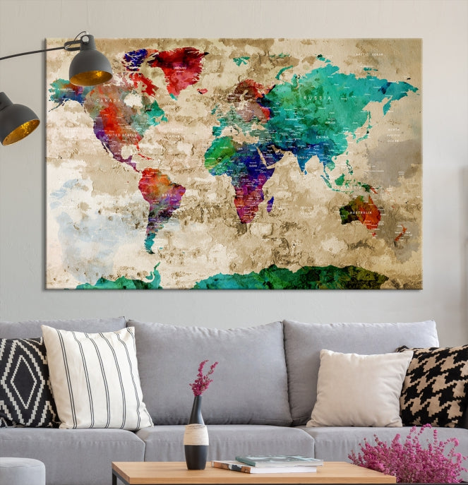 Multi Panel World Map with Push Pins Detailed Map Canvas Wall Art Print