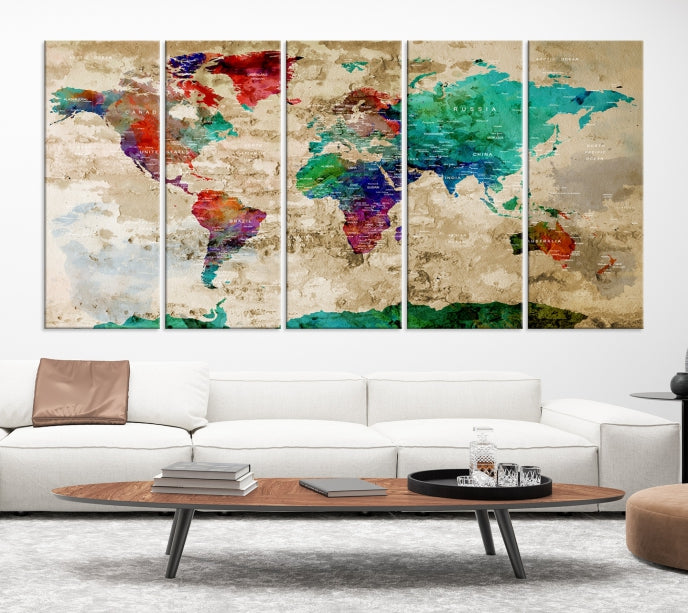 Multi Panel World Map with Push Pins Detailed Map Canvas Wall Art Print