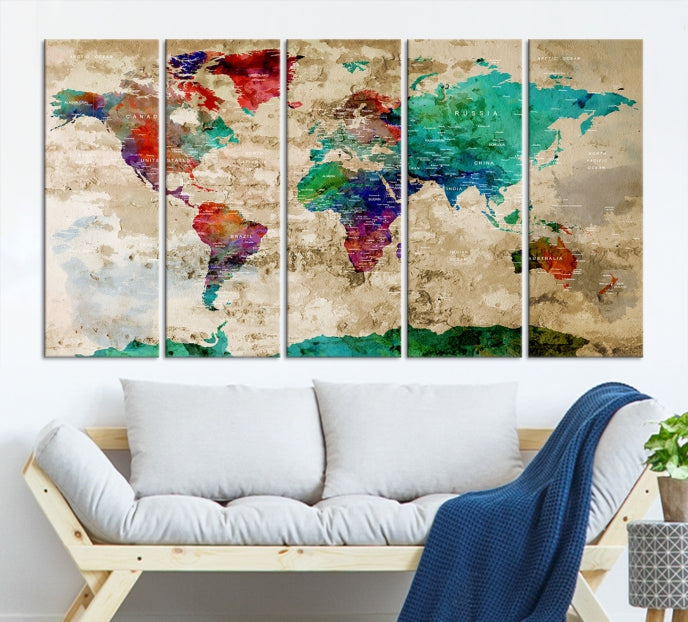 Multi Panel World Map with Push Pins Detailed Map Canvas Wall Art Print