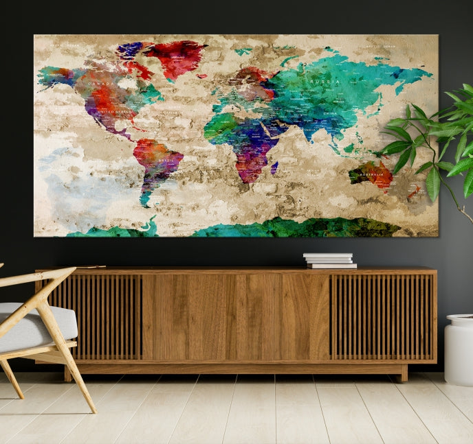 Multi Panel World Map with Push Pins Detailed Map Canvas Wall Art Print