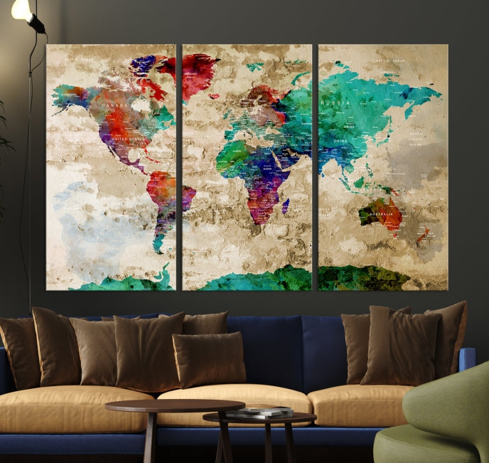 Multi Panel World Map with Push Pins Detailed Map Canvas Wall Art Print