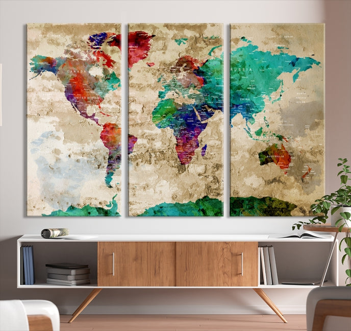 Multi Panel World Map with Push Pins Detailed Map Canvas Wall Art Print