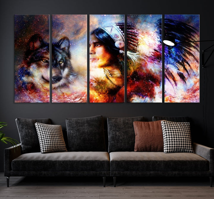 Native American Painting, American Indian and Wolf Wall Art Native American Canvas Print, Living Room Wall Decor