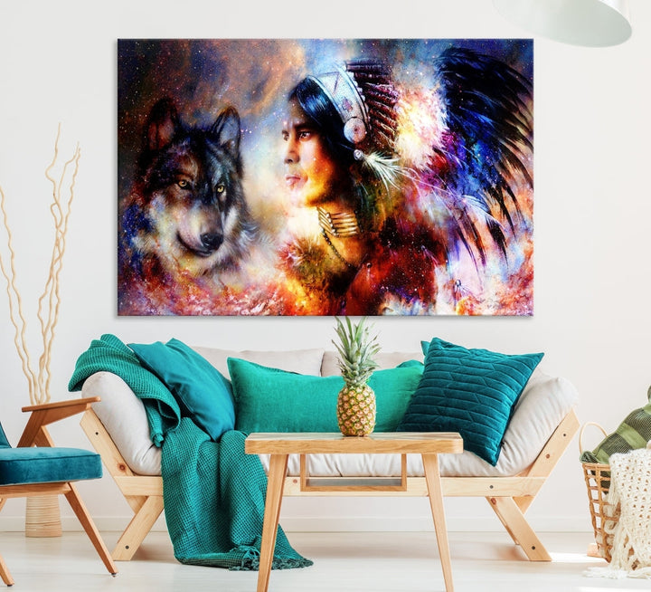 Native American Painting, American Indian and Wolf Wall Art Native American Canvas Print, Living Room Wall Decor