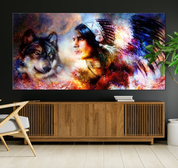 Native American Painting, American Indian and Wolf Wall Art Native American Canvas Print, Living Room Wall Decor