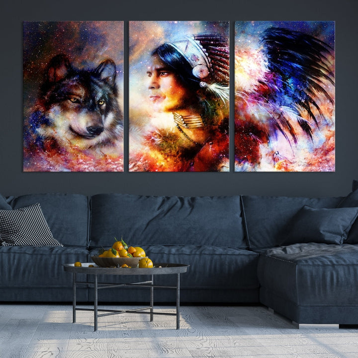 Native American Painting, American Indian and Wolf Wall Art Native American Canvas Print, Living Room Wall Decor