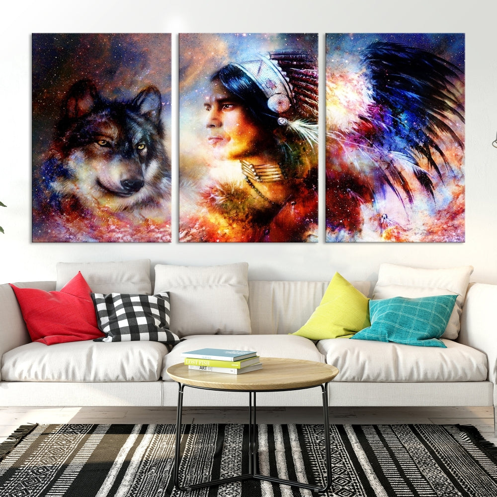 Native American Painting, American Indian and Wolf Wall Art Native American Canvas Print, Living Room Wall Decor