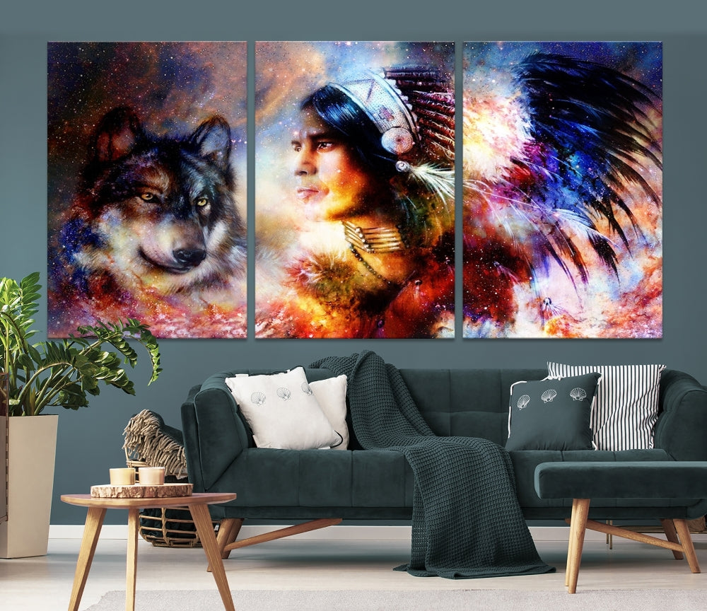 Native American Painting, American Indian and Wolf Wall Art Native American Canvas Print, Living Room Wall Decor