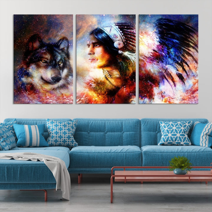 Native American Painting, American Indian and Wolf Wall Art Native American Canvas Print, Living Room Wall Decor