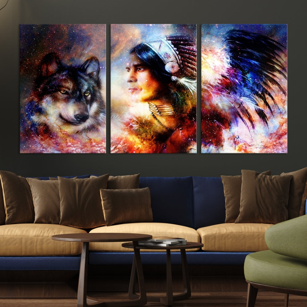 Native American Painting, American Indian and Wolf Wall Art Native American Canvas Print, Living Room Wall Decor