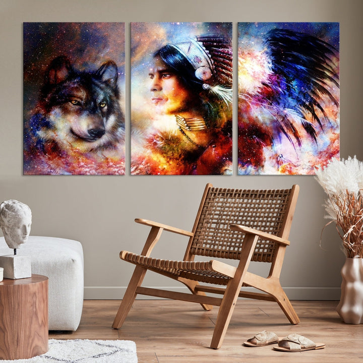 Native American Painting, American Indian and Wolf Wall Art Native American Canvas Print, Living Room Wall Decor