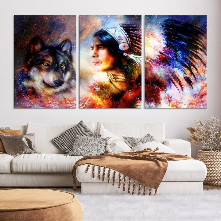 Native American Painting, American Indian and Wolf Wall Art Native American Canvas Print, Living Room Wall Decor