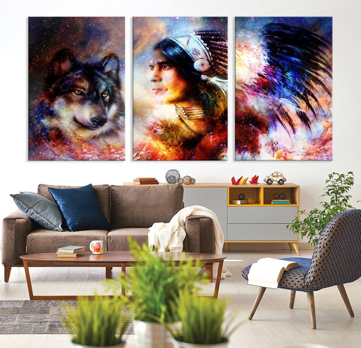 Native American Painting, American Indian and Wolf Wall Art Native American Canvas Print, Living Room Wall Decor