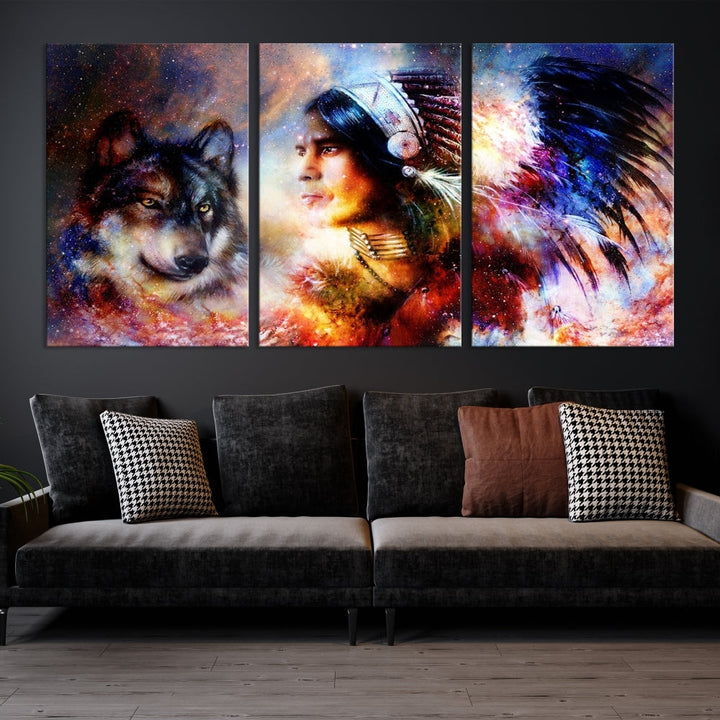 Native American Painting, American Indian and Wolf Wall Art Native American Canvas Print, Living Room Wall Decor