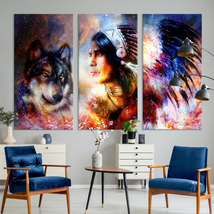 Native American Painting, American Indian and Wolf Wall Art Native American Canvas Print, Living Room Wall Decor