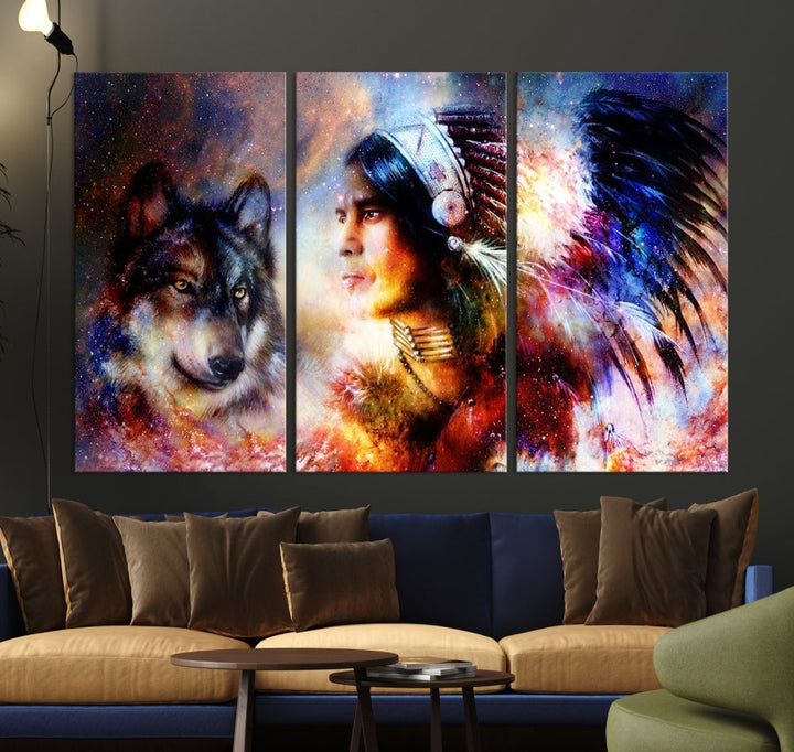 Native American Painting, American Indian and Wolf Wall Art Native American Canvas Print, Living Room Wall Decor