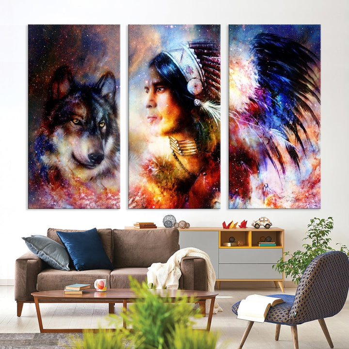 Native American Painting, American Indian and Wolf Wall Art Native American Canvas Print, Living Room Wall Decor