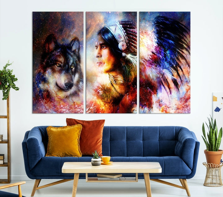 Native American Painting, American Indian and Wolf Wall Art Native American Canvas Print, Living Room Wall Decor