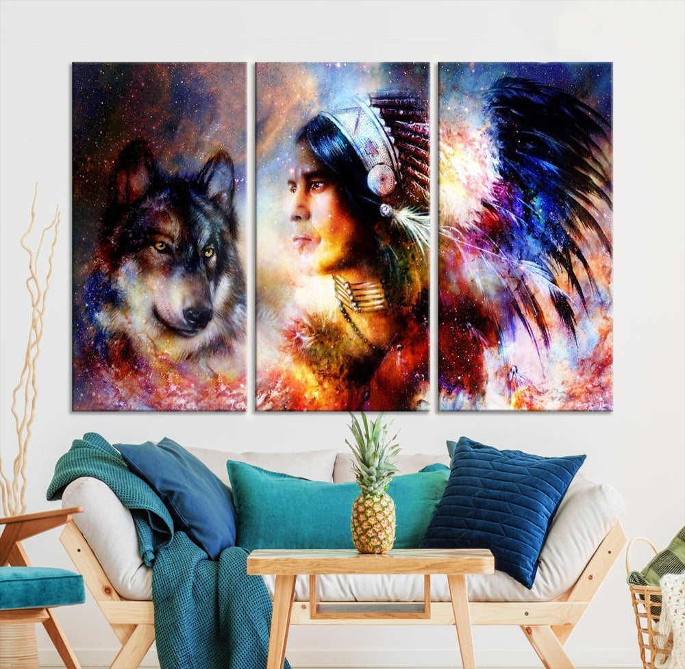 Native American Painting, American Indian and Wolf Wall Art Native American Canvas Print, Living Room Wall Decor