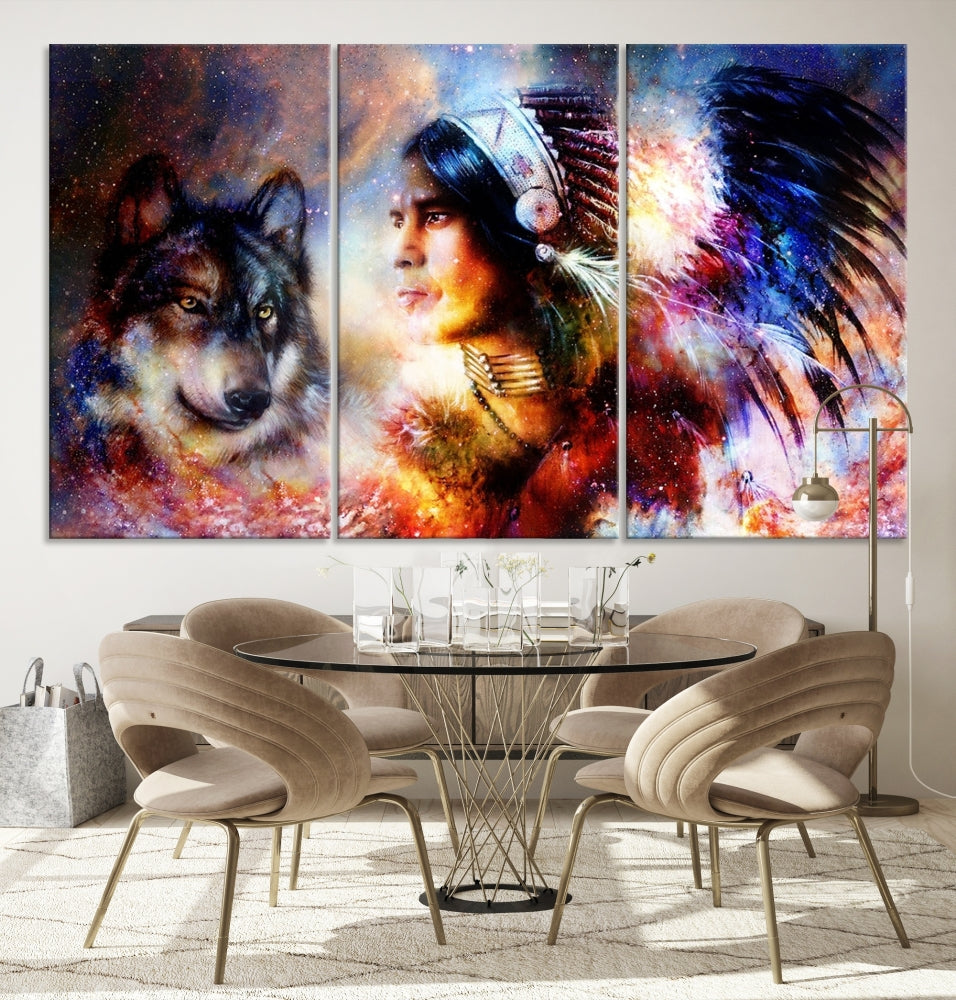 Native American Painting, American Indian and Wolf Wall Art Native American Canvas Print, Living Room Wall Decor