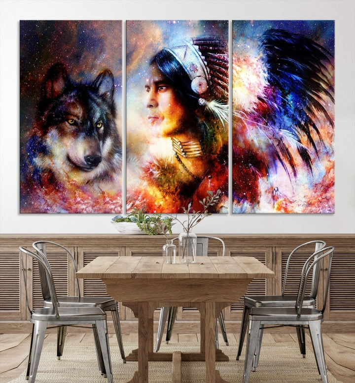 Native American Painting, American Indian and Wolf Wall Art Native American Canvas Print, Living Room Wall Decor