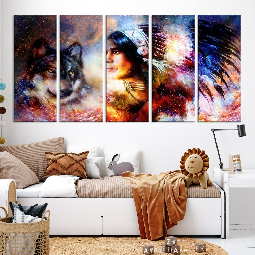 Native American Painting, American Indian and Wolf Wall Art Native American Canvas Print, Living Room Wall Decor