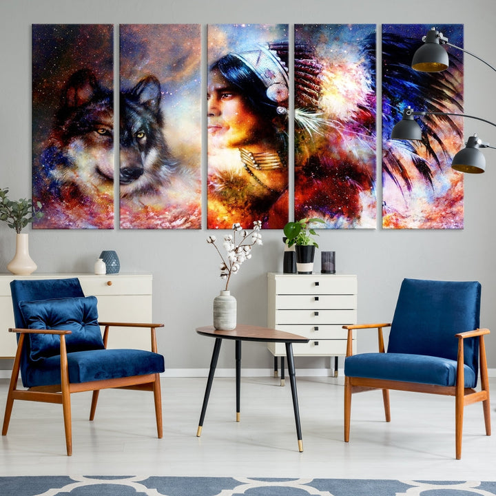 Native American Painting, American Indian and Wolf Wall Art Native American Canvas Print, Living Room Wall Decor