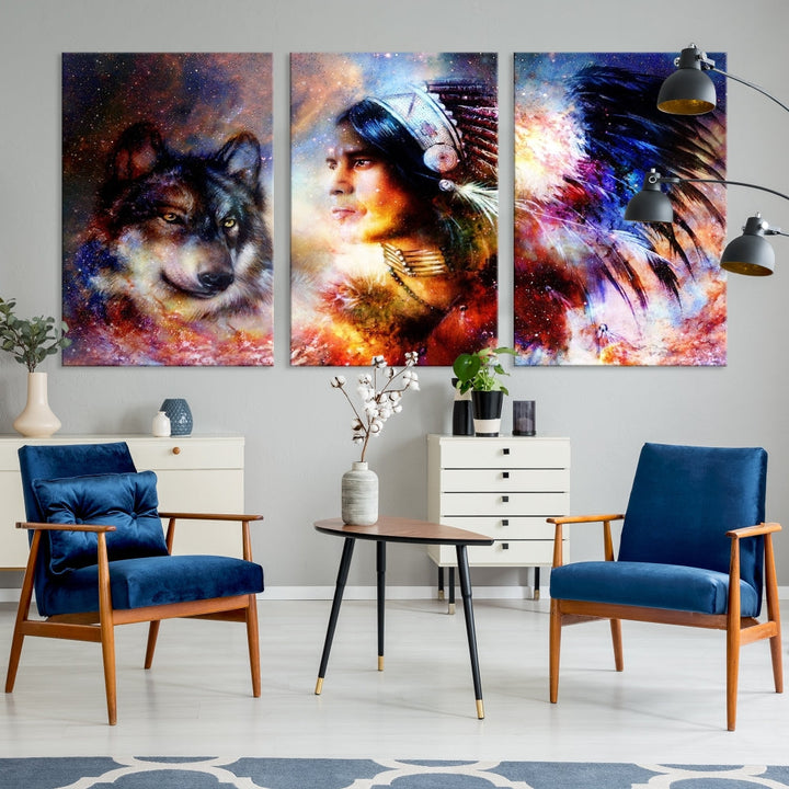 Native American Painting, American Indian and Wolf Wall Art Native American Canvas Print, Living Room Wall Decor