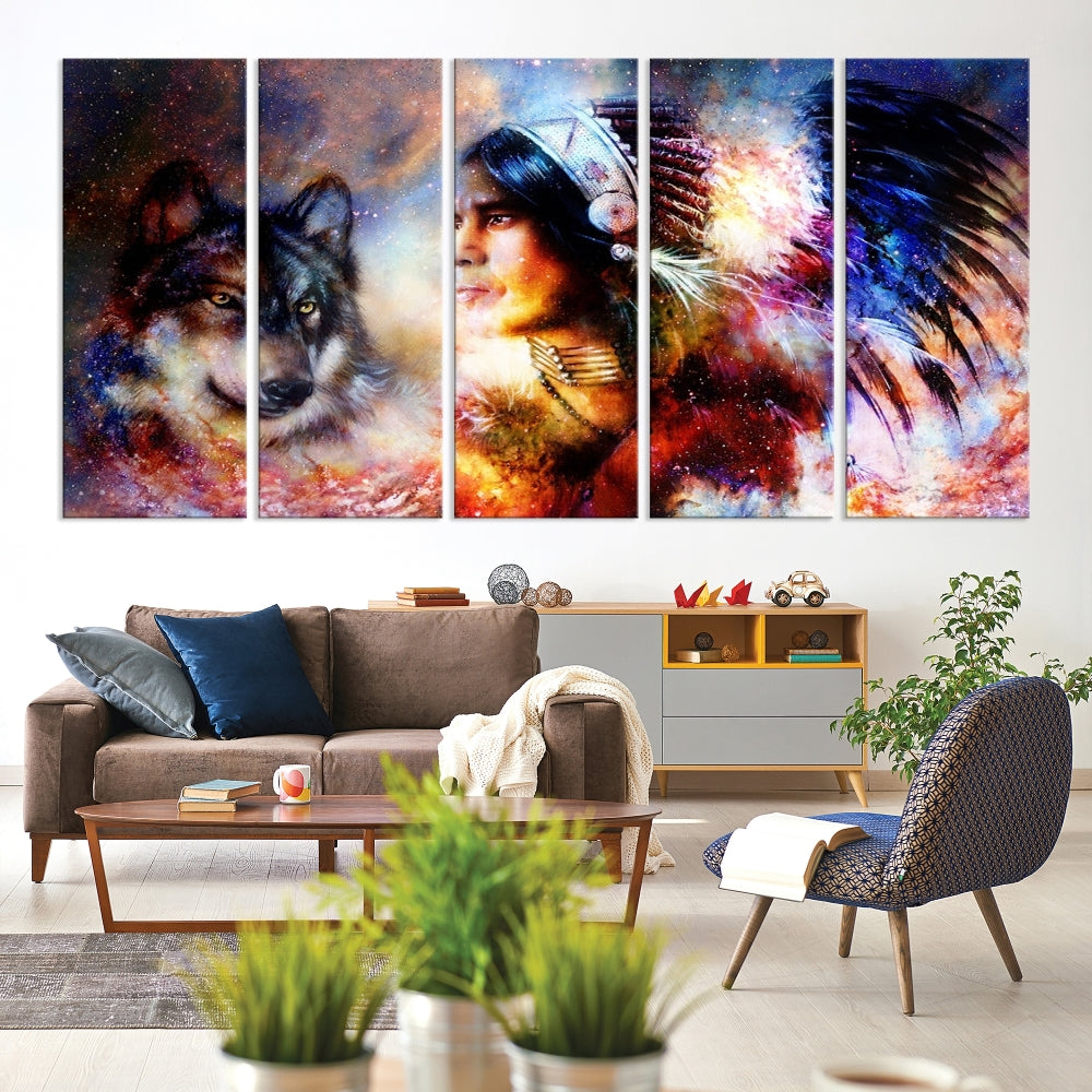 Native American Painting, American Indian and Wolf Wall Art Native American Canvas Print, Living Room Wall Decor