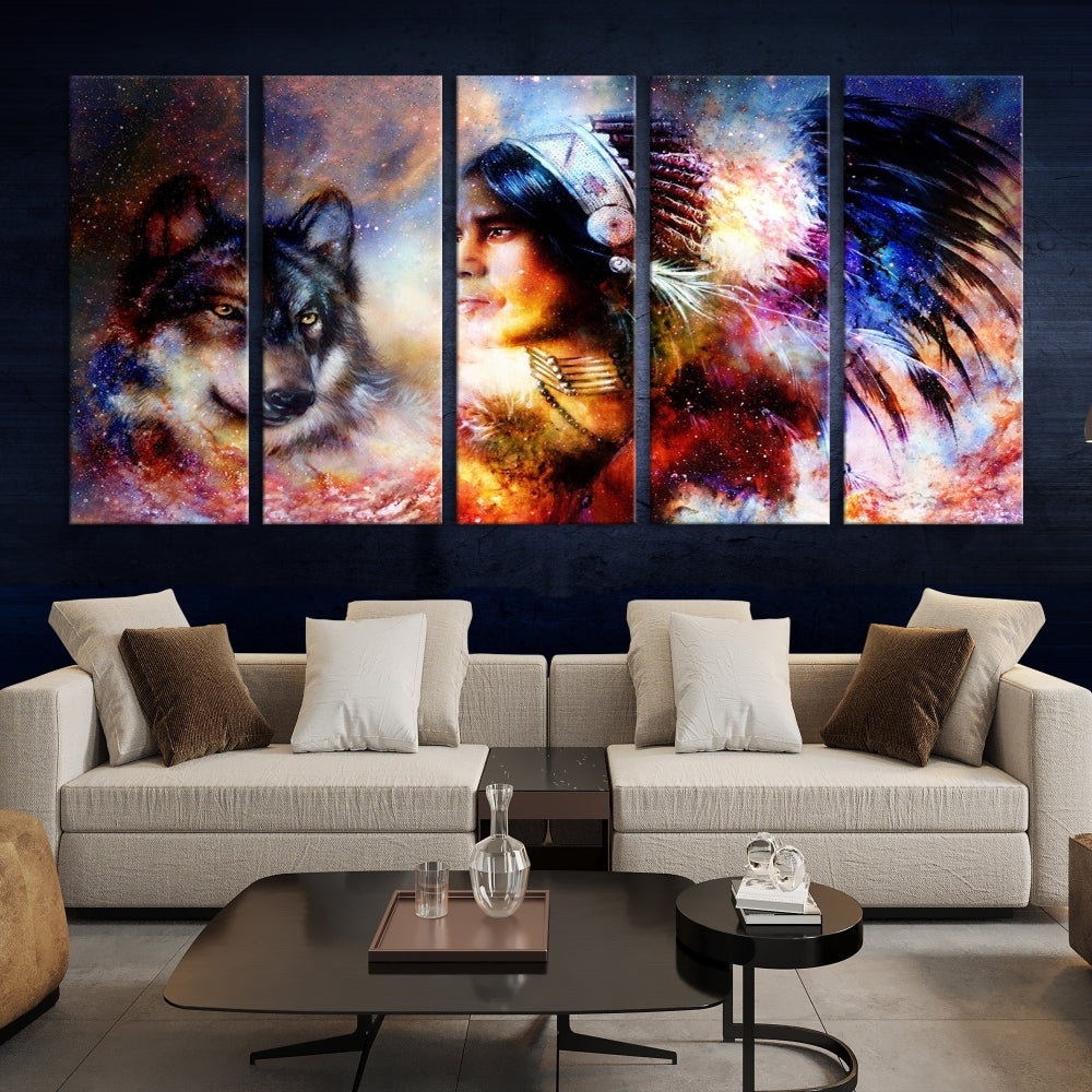 Native American Painting, American Indian and Wolf Wall Art Native American Canvas Print, Living Room Wall Decor