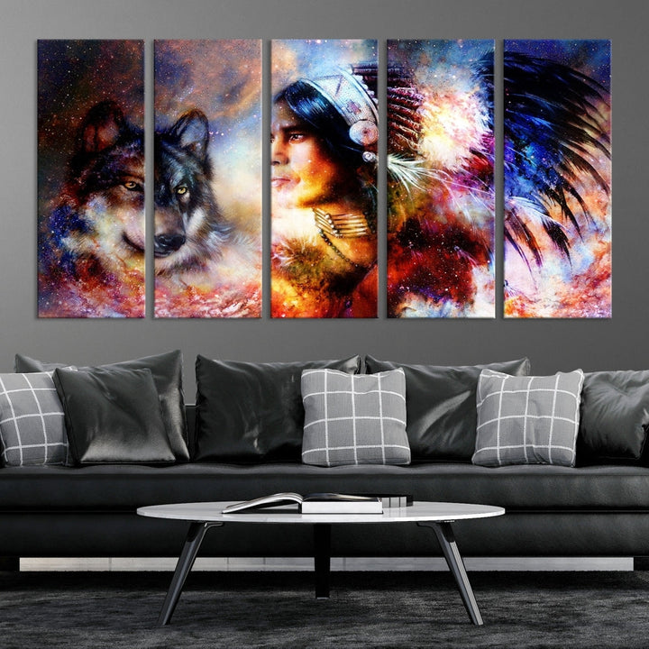 Native American Painting, American Indian and Wolf Wall Art Native American Canvas Print, Living Room Wall Decor