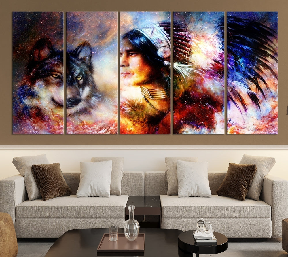 Native American Painting, American Indian and Wolf Wall Art Native American Canvas Print, Living Room Wall Decor