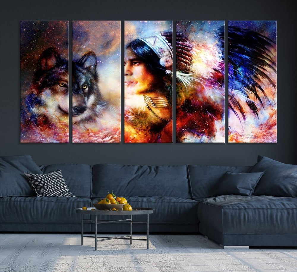 Native American Painting, American Indian and Wolf Wall Art Native American Canvas Print, Living Room Wall Decor