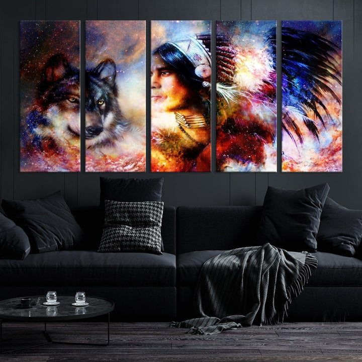 Native American Painting, American Indian and Wolf Wall Art Native American Canvas Print, Living Room Wall Decor