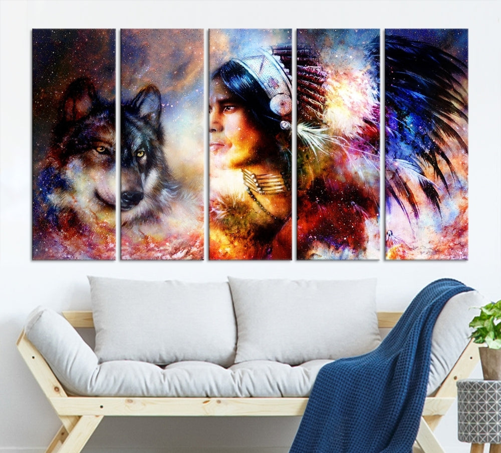 Native American Painting, American Indian and Wolf Wall Art Native American Canvas Print, Living Room Wall Decor