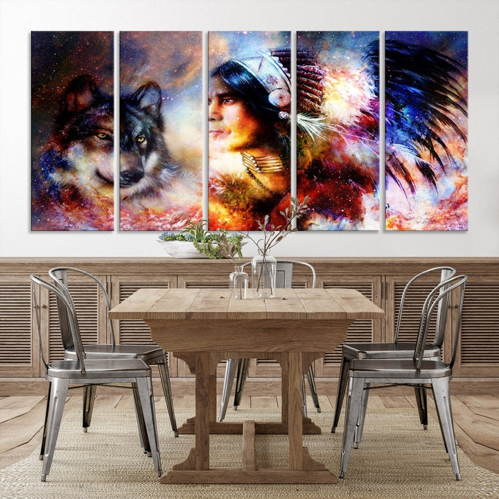 Native American Painting, American Indian and Wolf Wall Art Native American Canvas Print, Living Room Wall Decor