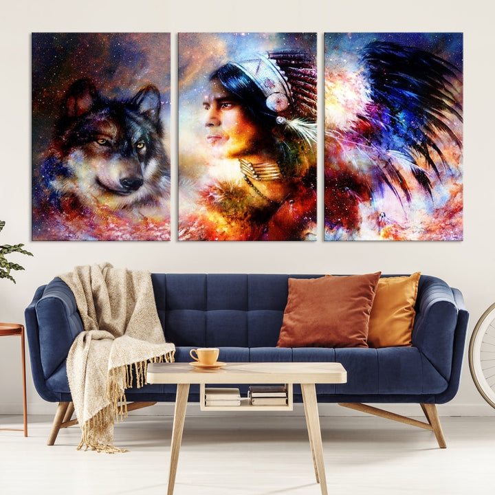 Native American Painting, American Indian and Wolf Wall Art Native American Canvas Print, Living Room Wall Decor