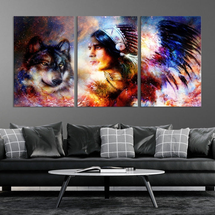 Native American Painting, American Indian and Wolf Wall Art Native American Canvas Print, Living Room Wall Decor