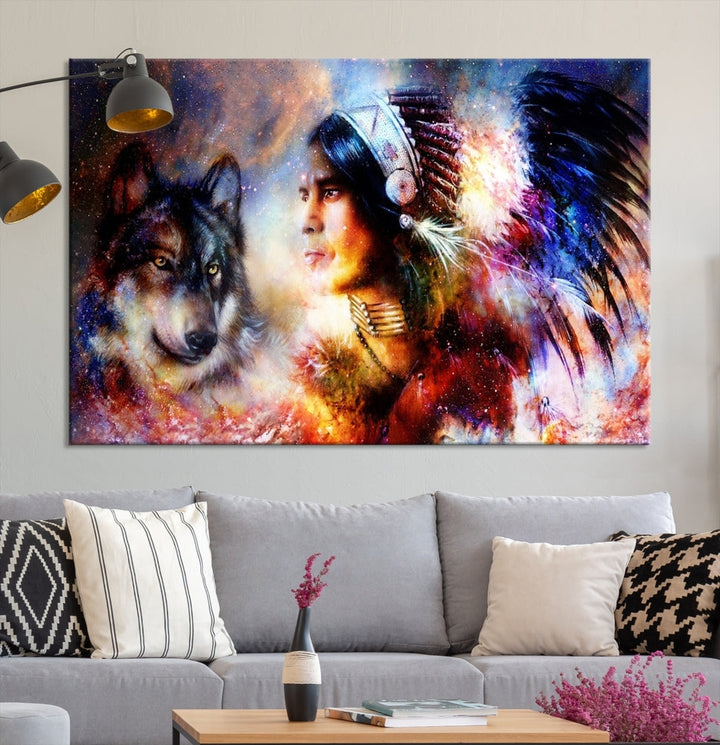 Native American Painting, American Indian and Wolf Wall Art Native American Canvas Print, Living Room Wall Decor