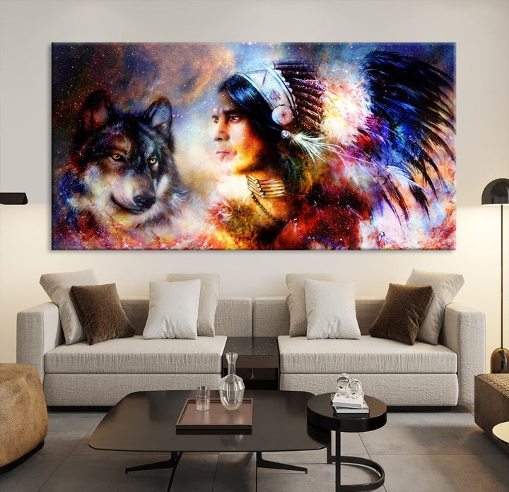 Native American Painting, American Indian and Wolf Wall Art Native American Canvas Print, Living Room Wall Decor