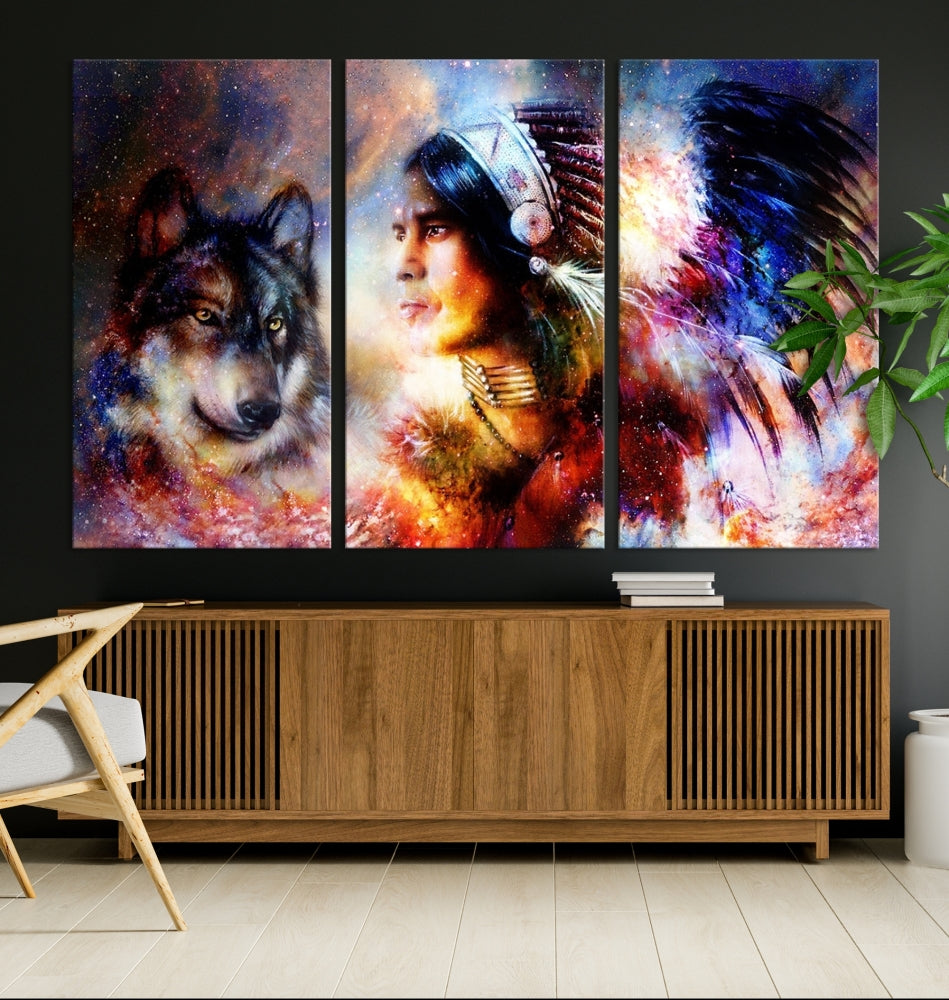 Native American Painting, American Indian and Wolf Wall Art Native American Canvas Print, Living Room Wall Decor