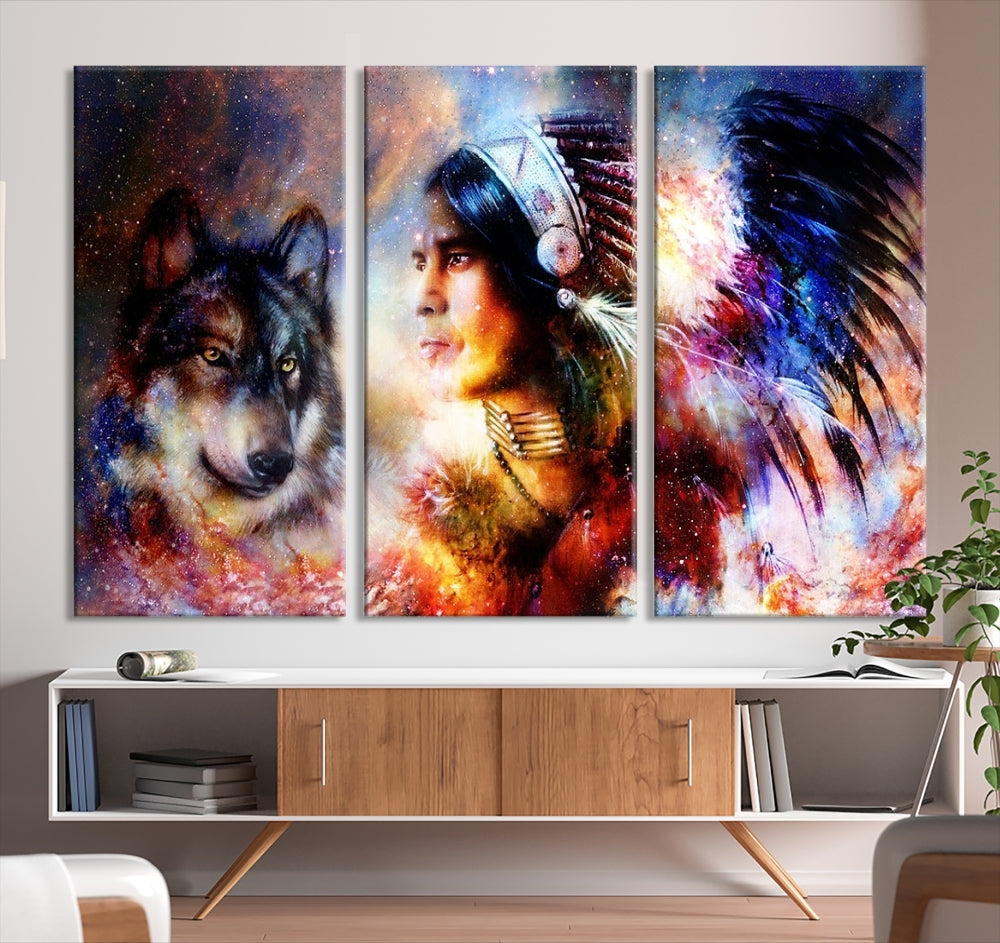 Native American Painting, American Indian and Wolf Wall Art Native American Canvas Print, Living Room Wall Decor