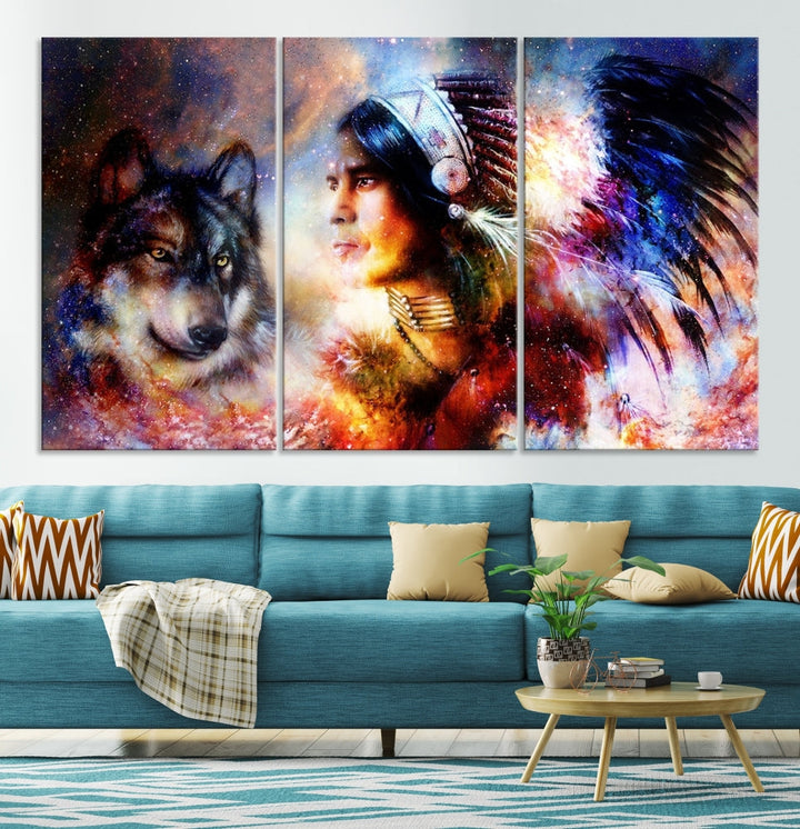 Native American Painting, American Indian and Wolf Wall Art Native American Canvas Print, Living Room Wall Decor