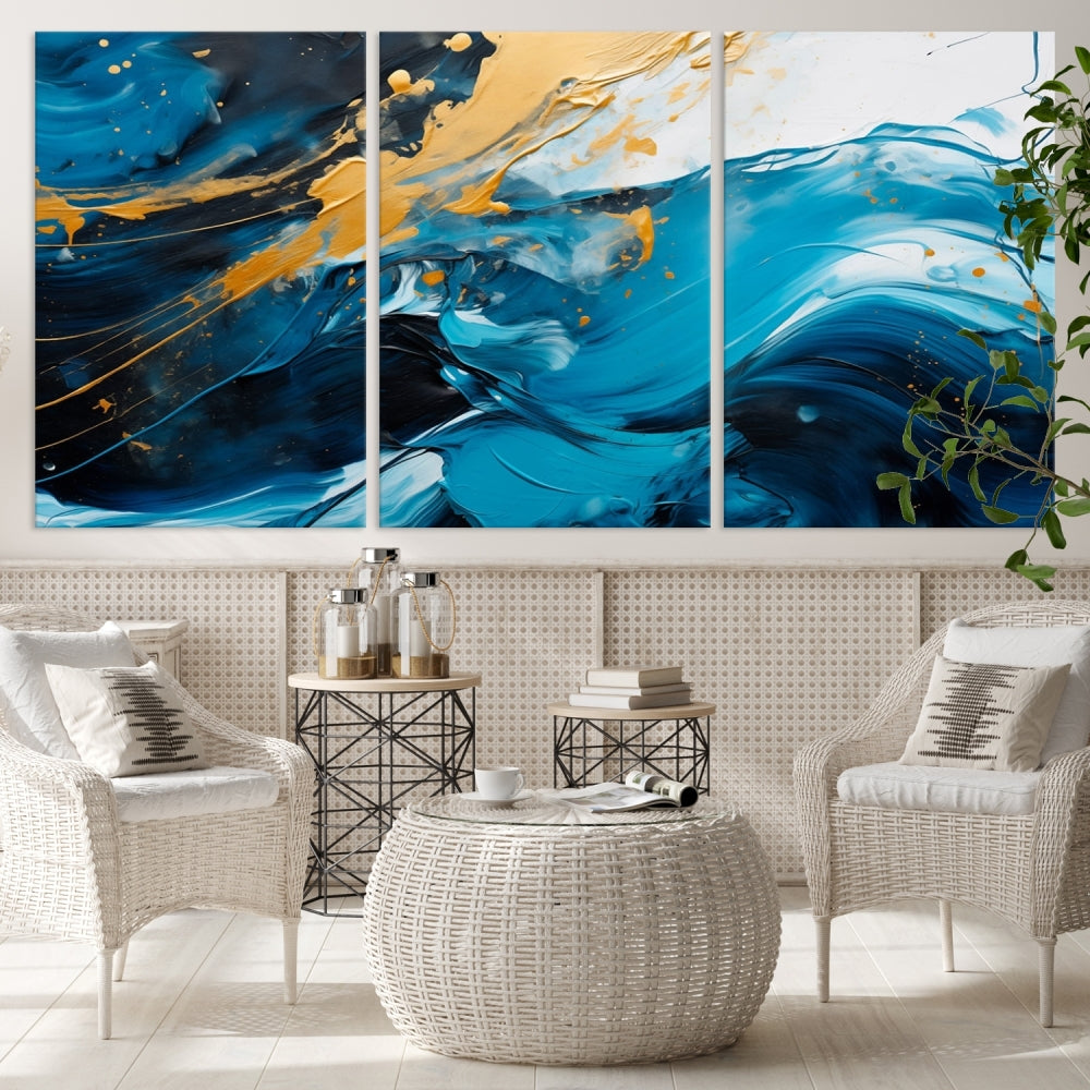 Nautical Ocean Blue Abstract Canvas Wall Art Print Extra Large Artwork for Living Room