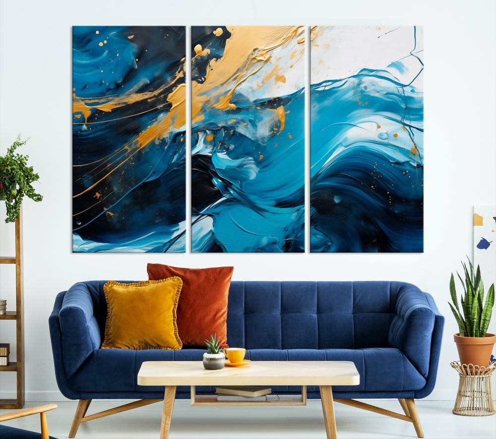 Nautical Ocean Blue Abstract Canvas Wall Art Print Extra Large Artwork for Living Room