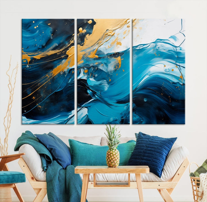 Nautical Ocean Blue Abstract Canvas Wall Art Print Extra Large Artwork for Living Room