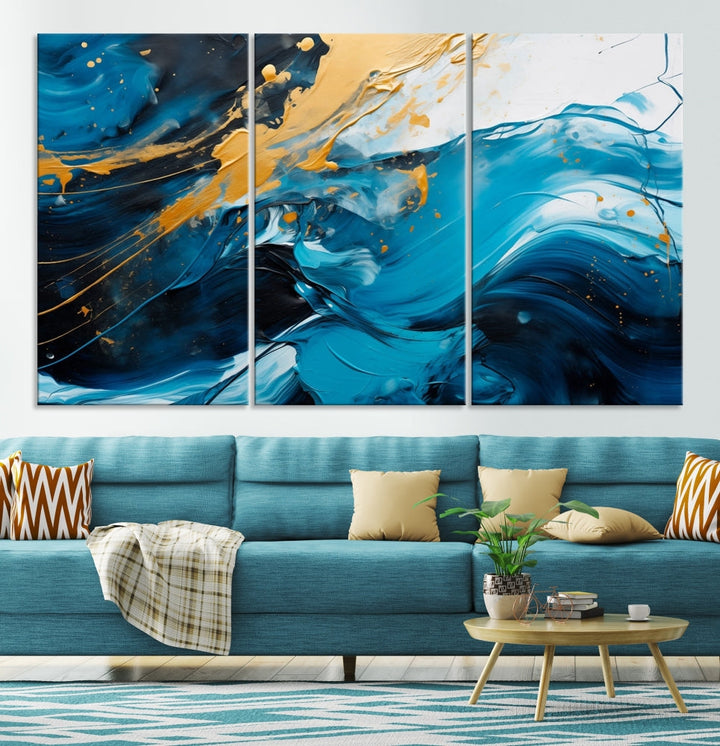 Nautical Ocean Blue Abstract Canvas Wall Art Print Extra Large Artwork for Living Room