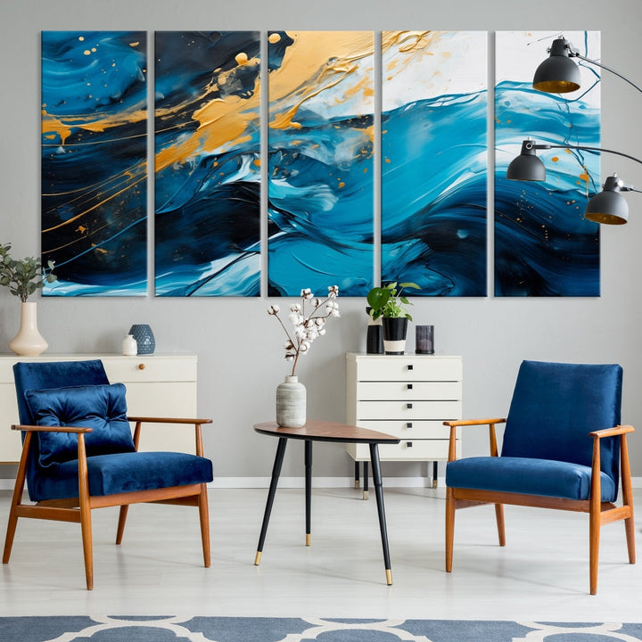 Nautical Ocean Blue Abstract Canvas Wall Art Print Extra Large Artwork for Living Room