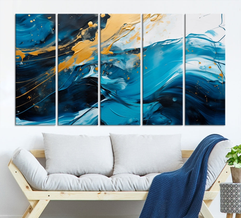 Nautical Ocean Blue Abstract Canvas Wall Art Print Extra Large Artwork for Living Room