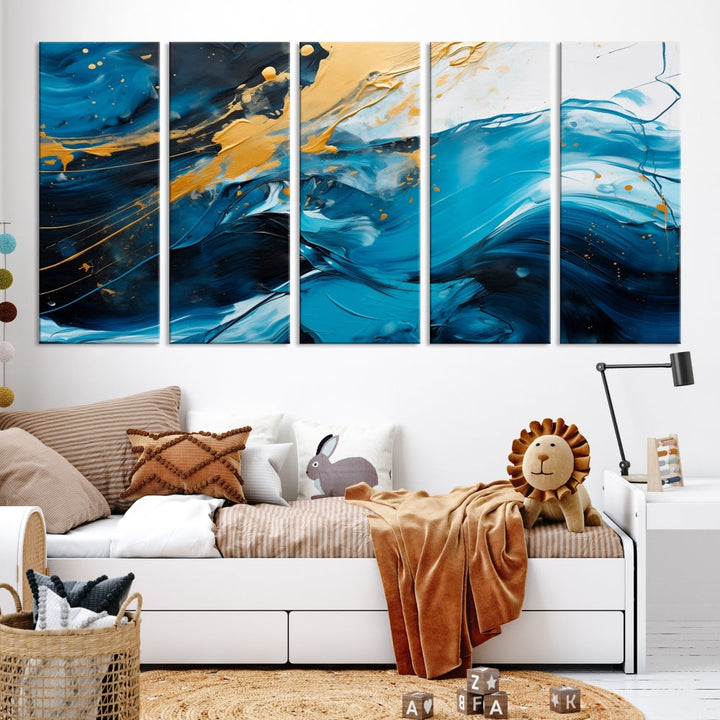 Nautical Ocean Blue Abstract Canvas Wall Art Print Extra Large Artwork for Living Room